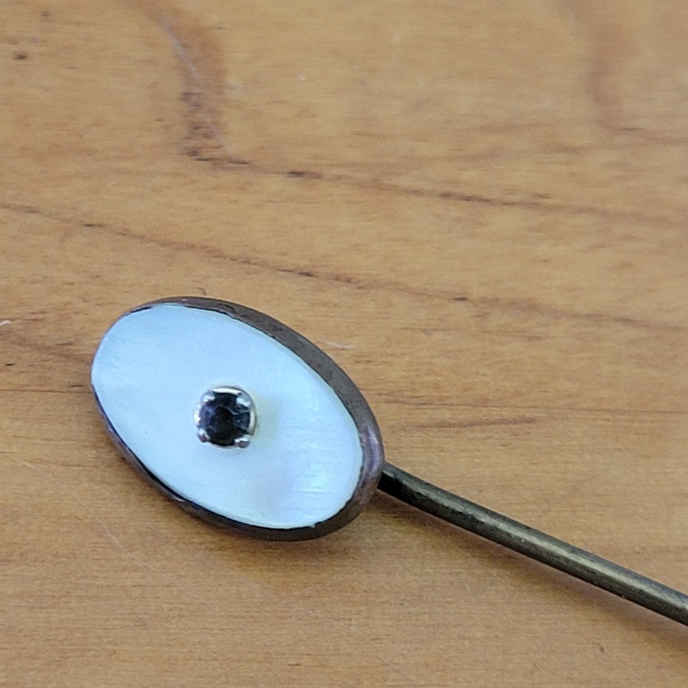 Vintage Art Deco Mother of Pearl Black Stone Oval Stick Pin Lapel Jewelry - Picture 3 of 8